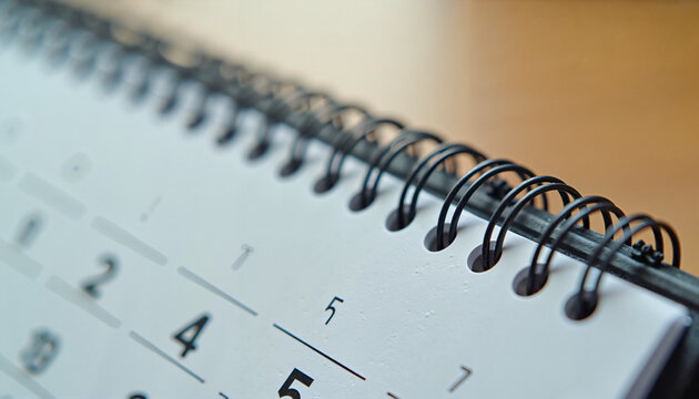 Close-up of calendar pages revealing spiral binding and date numbers on weekday layout. Calendar design includes clear visibility of date indicators and traditional spiral binding.