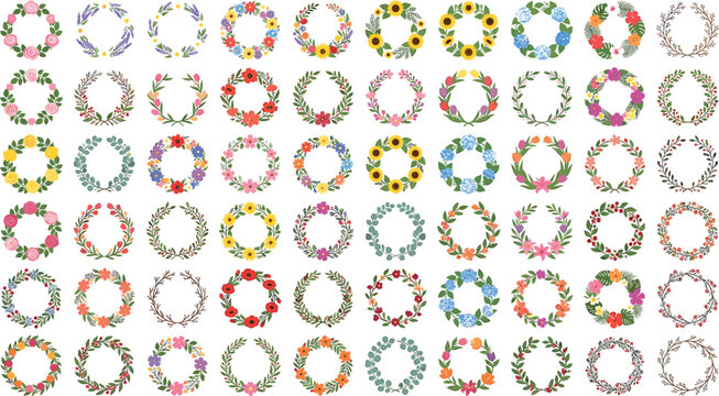 Mega botanical floral wreath vector set featuring colorful flower frames sunflower laurel borders and wedding circle invitation elements