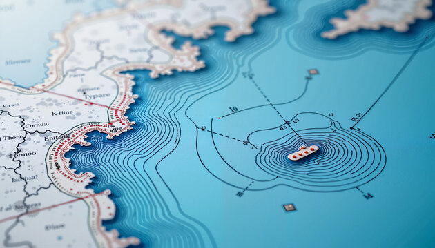 Nautical map with boat illustrating coastal waters and topographic details, showcasing contour lines and navigational elements. Nautical map emphasizes marine navigation for explorers and sailors.