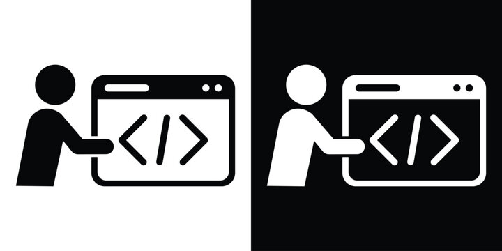 Web programming icon featuring a person working on code inside a browser window. Black and white vector graphic.