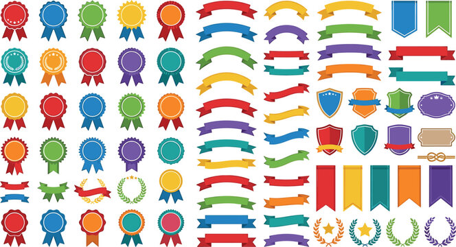 Mega collection of colorful ribbon banners award medal badges and shield stickers for premium quality certification guarantee label design