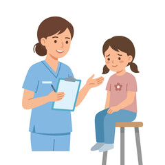 Obraz premium A friendly nurse in blue scrubs talking to a young girl sitting on a stool while holding a medical clipboard in a clinical setting.