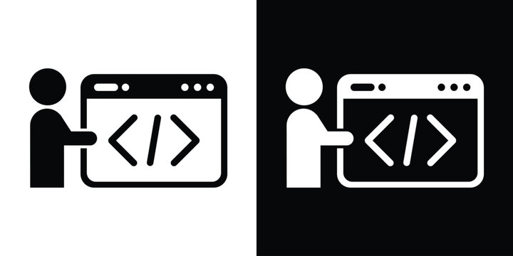Web programming icon featuring a person working on code inside a browser window. Black and white vector graphic.