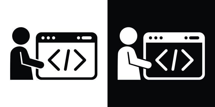 Web programming icon featuring a person working on code inside a browser window. Black and white vector graphic.