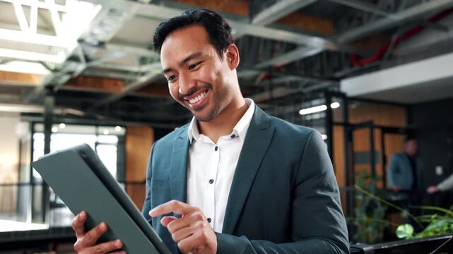 Tablet, laugh and businessman in company with report, expense review or project budget. Tech, accountant and happy person in office with funny joke, financial update and scroll for economy news
