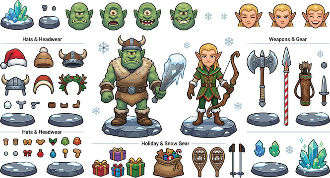 Fantasy game assets collection with orc barbarian and elf archer characters weapons armor headwear icons and winter holiday accessories, vector illustration