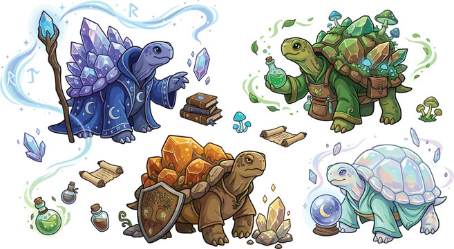 Fantasy magic turtle vector set featuring mystical tortoise characters wizard alchemist warrior druid with crystals potion bottles