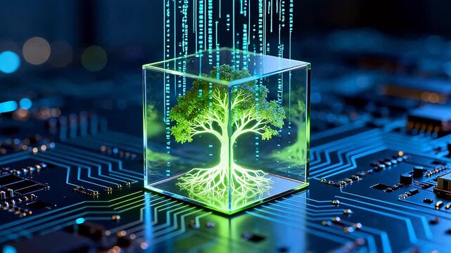 Tree in glass cube on circuit board