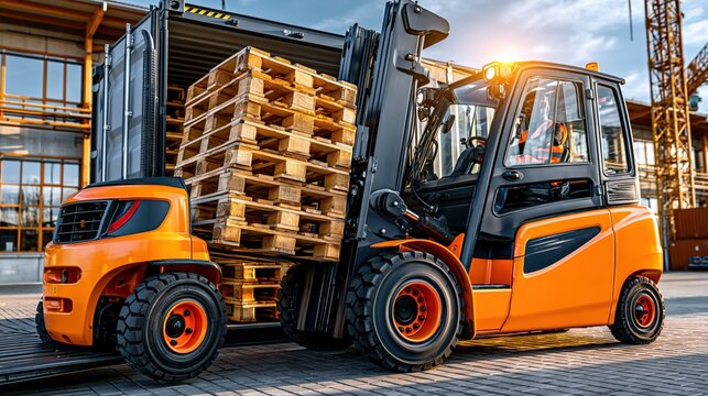 Orange forklift truck loading wooden pallets into shipping container at industrial warehouse loading dock