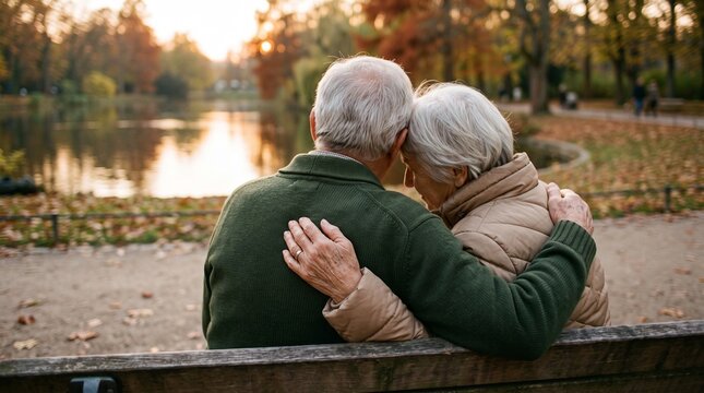 Elderly couple sitting together on a wooden park bench during a calm autumn evening while embracing each other with love and affection under the warm glow of the setting sun.
