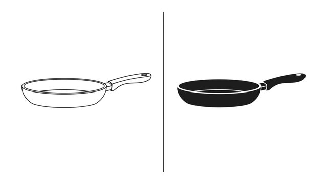 Frying Pan Comparison: A visual contrast between a white outline drawing of a frying pan and its black silhouette counterpart, highlighting simple kitchenware design elements.