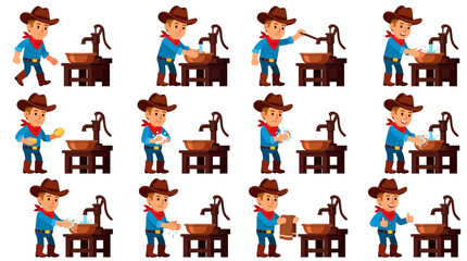Fototapeta premium Cowboy Washing Hands Sequence: Cartoon Boy Character with Water Pump and Basin