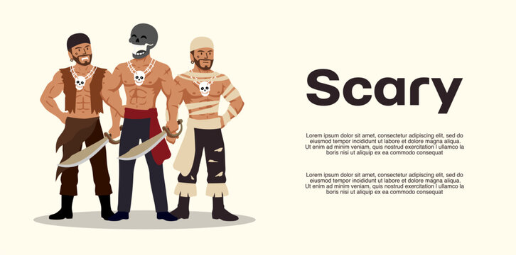 three scary pirates standing together for spooky halloween party