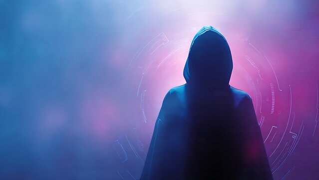 Dark hooded hacker silhouette standing before glowing neon circle digital target interface background in cyber space