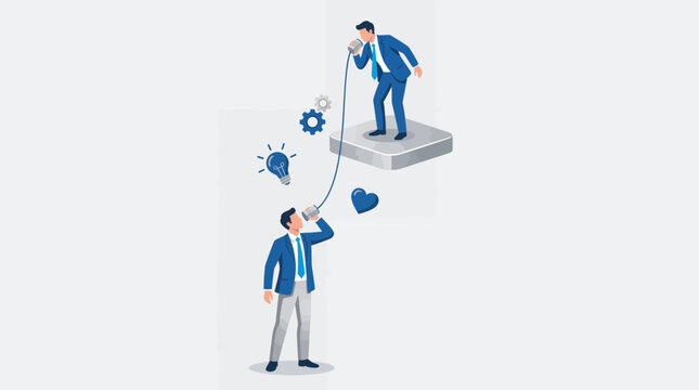 Businessmen in blue suits communicating via tin can telephone with lightbulb and gear icons on white background, representing effective feedback loop, symbolizing team collaboration strategy