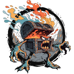 Fierce Dragon Guarding Treasure Chest with Fire. © Ashiq