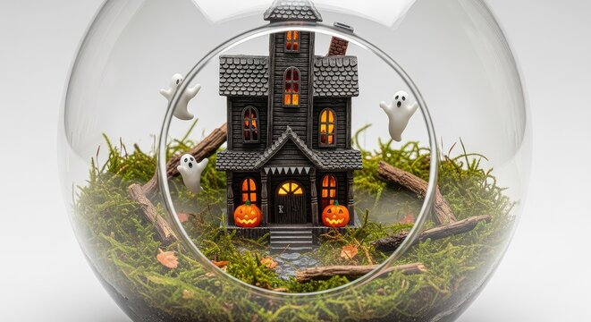 A miniature spooky haunted house sits inside a glass terrarium globe with tiny glowing pumpkins, wispy ghosts, and dark green mossy ground, black, landscape, container