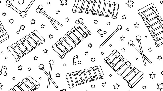 Colorful xylophone and drum musical instruments pattern.