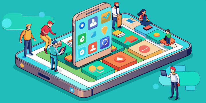 Interfaz de aplicaci&oacute;n m&oacute;vil, personas interactuando con una pantalla de tel&eacute;fono inteligente gigante, pulsando iconos en la pantalla t&aacute;ctil, deslizando elementos de la aplicaci&oacute;n m&oacute;vil; 