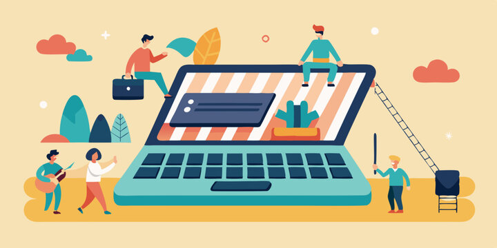 Concepto de colaboraci&oacute;n y comunicaci&oacute;n digital con un teclado de port&aacute;til gigante y personas diminutas escribiendo mensajes juntas sobre teclas de gran tama&ntilde;o; ilustraci&oacute;n vectorial plana.
