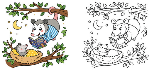 Naklejka premium Cute cartoon opossum reading a bedtime story to its baby sleeping in a tree nest, featuring both colorful illustration and black and white coloring page outline.