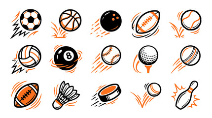 Fototapeta premium Various hand drawn sports ball icons with motion lines including soccer basketball football and baseball on white background, illustrating athletic activities or competition branding