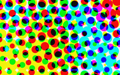 Vibrant halftone circle pattern with overlapping CMYK colors creating dynamic abstract design on bright clean white background area
