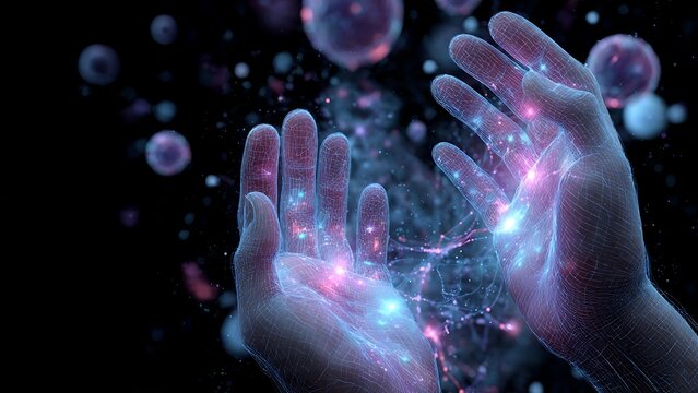 Glowing digital wireframe hands reaching towards floating abstract biological cells on dark background copy space