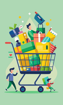 Concepto de compras en l&iacute;nea: un carrito de compras gigante con personas diminutas que trepan, empujan y llenan productos de tama&ntilde;o descomunal; ilustraci&oacute;n vectorial plana.