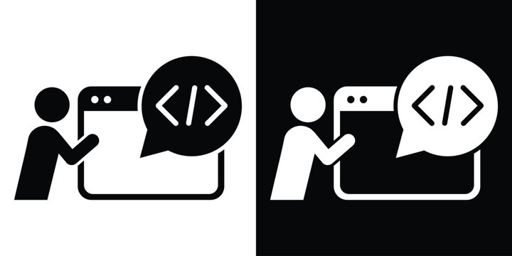 Web developer icon showing a person programming a website, featuring code tags in a speech bubble. Black and white vector set.