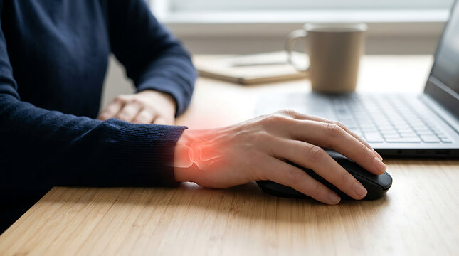 Chronic wrist pain in a female hand from extensive computer mouse usage, illustrating carpal tunnel syndrome risk
