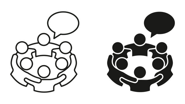 Group of people talking in circle icon set with teamwork, communication