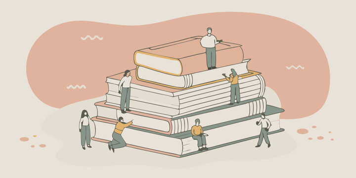 Ilustraci&oacute;n conceptual sobre educaci&oacute;n con libros gigantes y personas diminutas que leen, trepan y se sientan sobre una enorme pila de libros; escena de aprendizaje en estilo vectorial plano.