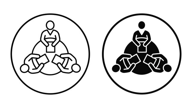Business team reviewing documents at a round table meeting icon set
