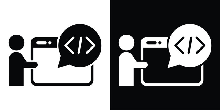 Web developer icon showing a person programming a website, featuring code tags in a speech bubble. Black and white vector set.