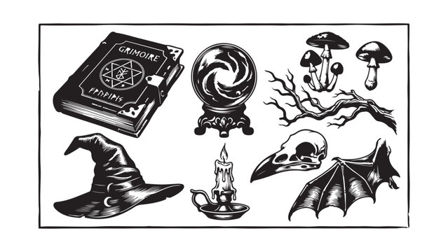 Grimoire and Witchcraft Elements Engraved Style Collection
