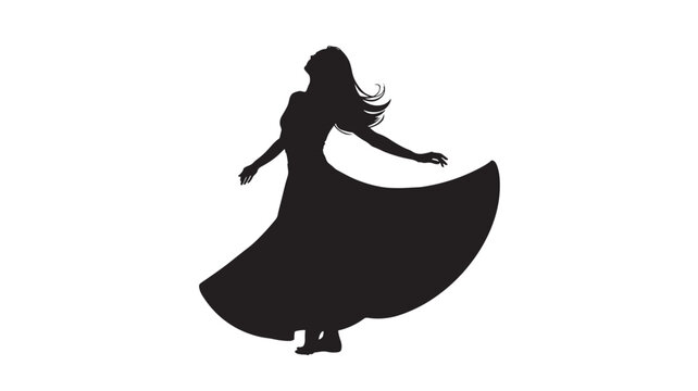 Graceful woman silhouette dancing in long flowing dress, elegant female figure vector, black shadow of girl spinning in gown on white background
