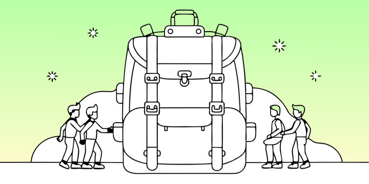 Mochila de viaje gigante con personas diminutas empacando, escalando y sentadas sobre equipaje de tama&ntilde;o descomunal; fondo con degradado de verde pastel a amarillo.