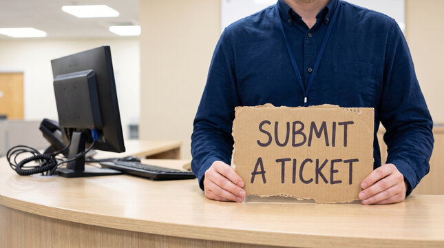 Office worker holding a brown cardboard sign with the message submit a ticket written clearly