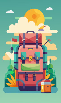Mochila de viaje gigante con personas diminutas empacando, escalando y sentadas sobre equipaje de tama&ntilde;o descomunal; fondo con degradado de verde pastel a amarillo.
