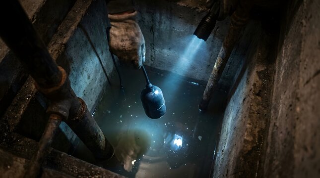 Gloved hand holding float switch in a dark sump pump pit illuminated by a bright flashlight beam in a basement