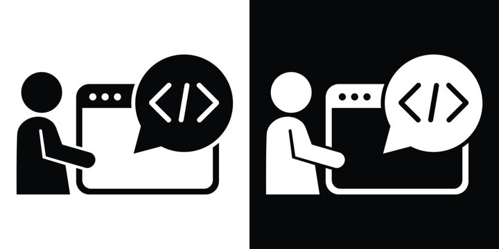 Web developer icon showing a person programming a website, featuring code tags in a speech bubble. Black and white vector set.