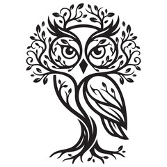 Fototapeta premium Decorative Tree Owl Logo Style Silhouette Line Art Bold Outline Nature Vector Emblem Illustration