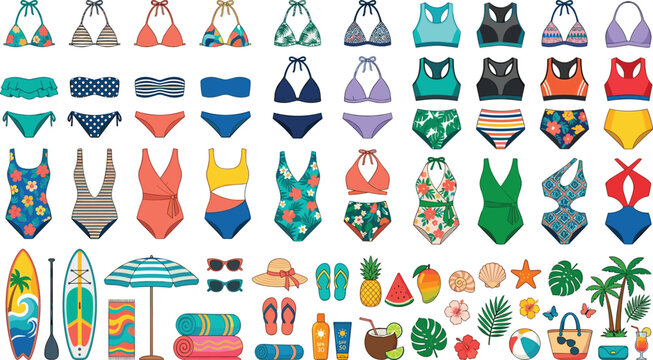 Summer Swimwear Collection with Beach Accessories Tropical Vacation Vector Illustration Set
