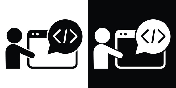 Web developer icon showing a person programming a website, featuring code tags in a speech bubble. Black and white vector set.