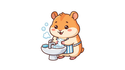 Fototapeta premium Cute Hamster Washing Hands with Soap and Water in Sink, Hygiene Concept