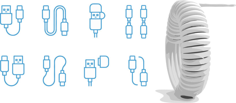 Set of USB type C cable icons and coiled wire illustration on white background