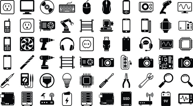 Large set of electronic components technology hardware and repair tool icons on white background