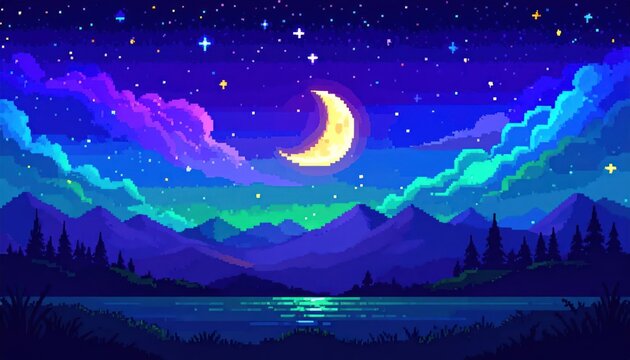 Vibrant pixel art mountain landscape with crescent moon
