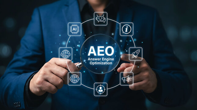 Businessman holding magnifying glass over AEO digital ecosystem network